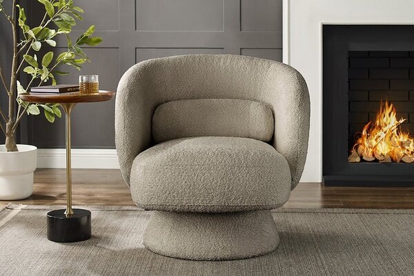 Estila Art deco otočné kreslo Elian potiahnuté taupe sivou bouclé látkou so zaobleným operadlom a kužeľovou základňou 76 cm