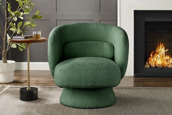 Estila Art deco otočné kreslo Elian s čalúnením bouclé v tmavozelenej farbe a kruhovou otočnou základňou o 360 stupňov 76 cm