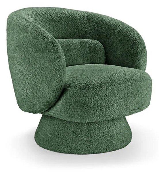 Estila Art deco otočné kreslo Elian s čalúnením bouclé v tmavozelenej farbe a kruhovou otočnou základňou o 360 stupňov 76 cm