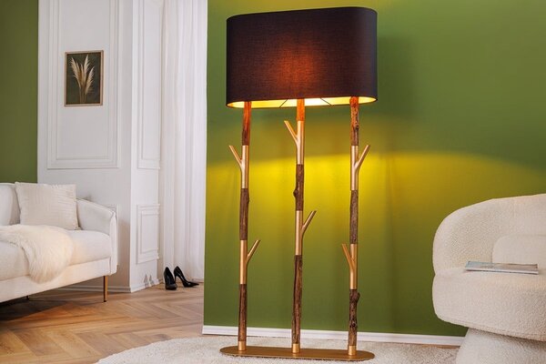 Estila Štýlová glamour oválna zlatá vysoká stojaca lampa Mervik s kovovou nohou a drevenými prvkami s čiernym tienidlom 154 cm