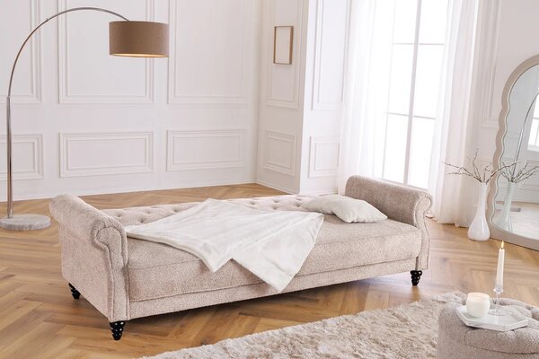 Estila Dizajnová chesterfield rozkladacia sedačka Maison Belle Affaire pre tri osoby s béžovým buklé poťahom 220 cm
