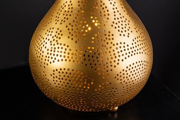Estila Orientálna stolová lampa Fatima okrúhleho tvaru z kovu v zlatej farbe s perforáciou s tromi nožičkami 52 cm