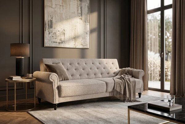 Estila Dizajnová chesterfield rozkladacia sedačka Maison Belle Affaire pre tri osoby s béžovým buklé poťahom 220 cm
