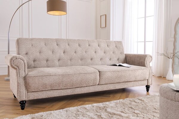 Estila Dizajnová chesterfield rozkladacia sedačka Maison Belle Affaire pre tri osoby s béžovým buklé poťahom 220 cm