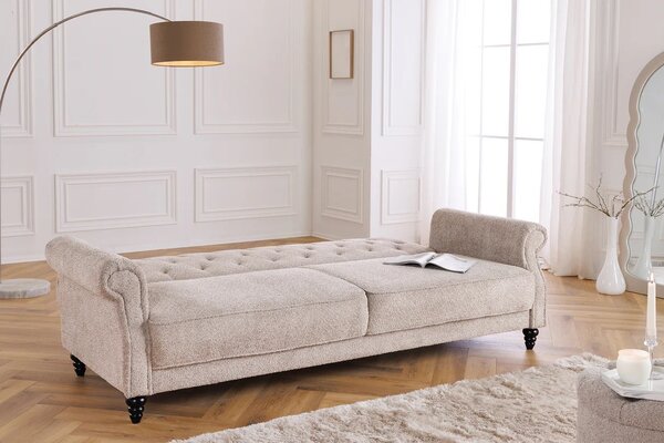 Estila Dizajnová chesterfield rozkladacia sedačka Maison Belle Affaire pre tri osoby s béžovým buklé poťahom 220 cm