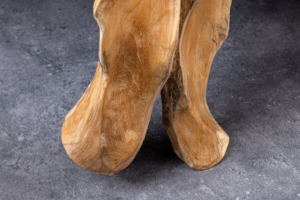 Estila Luxusný masívny konzolový stolík Root s organickou nohou z hnedého teakového dreva a sklenenou doskou 150 cm