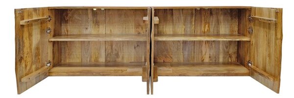 Estila Art deco masívny nástenný príborník Cumbria z mangového dreva s reliéfnym vyrezávaním v tvare lúčov a štyrmi dvierkami 177 cm