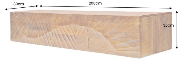Estila Art deco masívny nástenný TV stolík Cumbria z mangového hnedého dreva s reliéfom lúčov a štyrmi dvierkami 200 cm