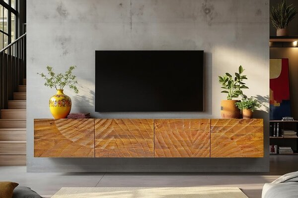 Estila Art deco masívny nástenný TV stolík Cumbria z mangového hnedého dreva s reliéfom lúčov a štyrmi dvierkami 200 cm