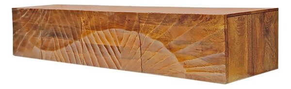 Estila Art deco masívny nástenný TV stolík Cumbria z mangového hnedého dreva s reliéfom lúčov a štyrmi dvierkami 200 cm