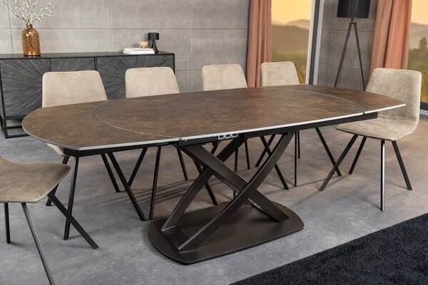 Estila Moderný oválny rozkladací stôl Lutz s keramickou doskou v hrdzavej hnedej farbe a kovovou prekríženou podstavou 190 cm