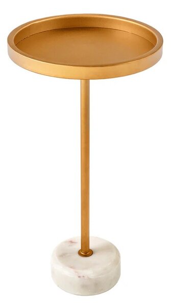 Estila Art deco okrúhly príručný stolík Stone so zlatou kovovou doskou s vyvýšeným okrajom a bielou mramorovou podstavou 56 cm