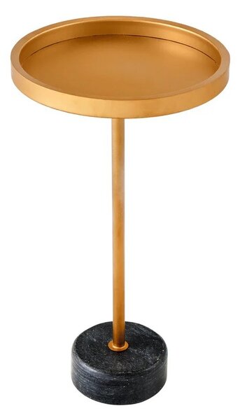 Estila Art deco okrúhly príručný stolík Stone so zlatou kovovou doskou s vyvýšeným okrajom a čiernou mramorovou podstavou 56 cm