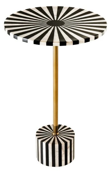 Estila Art deco okrúhly príručný stolík Hypnotique s čiernobielym vykladaním s intarziou a zlatou kovovou tyčou 55 cm