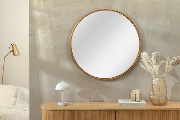 Estila Art deco okrúhle nástenné zrkadlo Auri so zlatým kovovým rámom a zadnou výstužou z dyhovaného dreva 58 cm