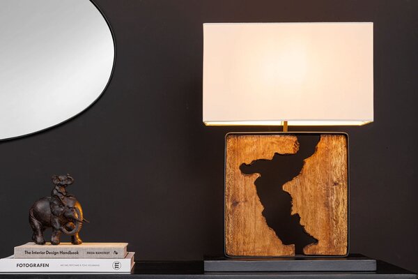Estila Koloniálna štvorcová stolná lampa Arbaro z hnedého suarového dreva s organickým výrezom s bielym tienidlom 58 cm