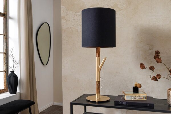 Estila Dizajnová moderná stolná lampa Mervik s čiernym tienidlom a hnedou drevenou nohou so zlatými kovovými detailmi 74 cm