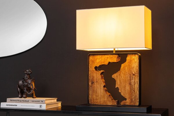 Estila Koloniálna štvorcová stolná lampa Arbaro z hnedého suarového dreva s organickým výrezom s bielym tienidlom 58 cm