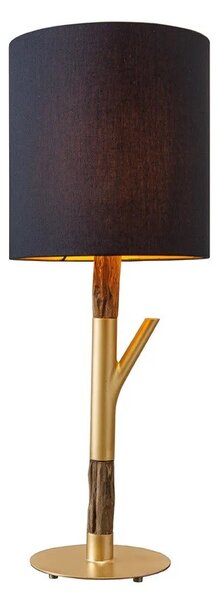 Estila Dizajnová moderná stolná lampa Mervik s čiernym tienidlom a hnedou drevenou nohou so zlatými kovovými detailmi 74 cm