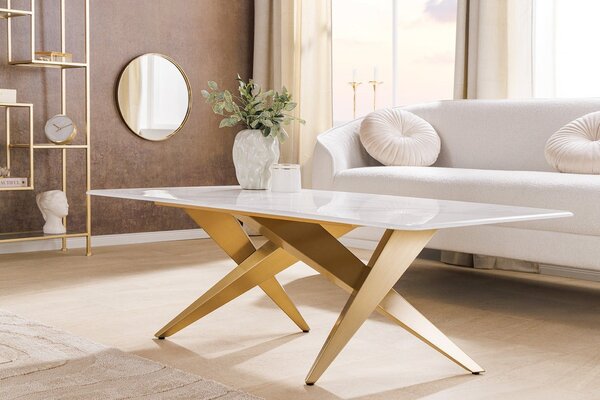 Estila Glamour mramorový obdĺžnikový konferenčný stolík Arturo s bielou doskou a dizajnovou zlatou geometrickou podstavou 130 cm