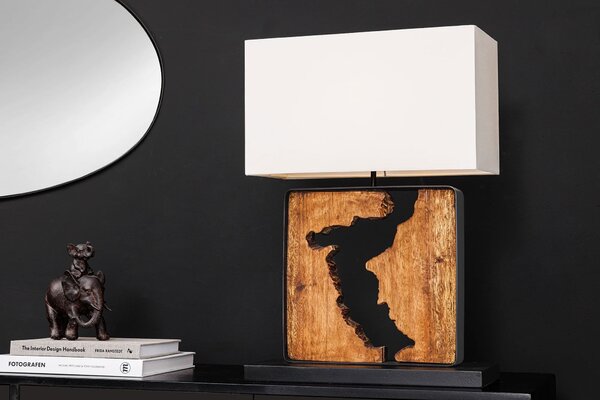 Estila Koloniálna štvorcová stolná lampa Arbaro z hnedého suarového dreva s organickým výrezom s bielym tienidlom 58 cm