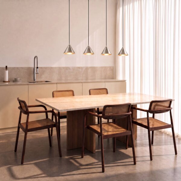 Lucande LED závesné svietidlo Rhodes, 4-pl., niklové, 82 cm, Hliník / sivá / zinok, Obývacia izba / jedáleň, kov, Moderný, Závesné svietidlo