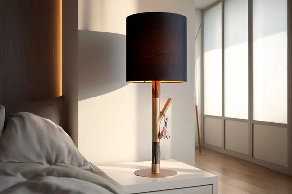 Estila Dizajnová moderná stolná lampa Mervik s čiernym tienidlom a hnedou drevenou nohou so zlatými kovovými detailmi 74 cm