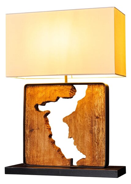 Estila Koloniálna štvorcová stolná lampa Arbaro z hnedého suarového dreva s organickým výrezom s bielym tienidlom 58 cm
