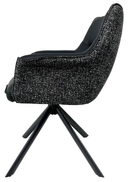 Estila Moderná otočná jedálenská stolička Corvin z čiernej kože s textílnym poťahom s opierkami na ruky s kovovými nožičkami 82 cm