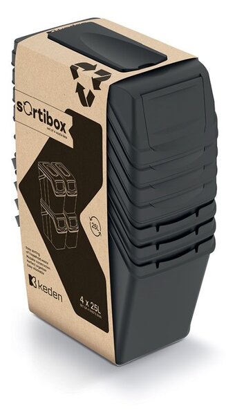 Odpadkové koše na triedený odpad, 4ks x 25l SORTIBOX SLIM - čierne