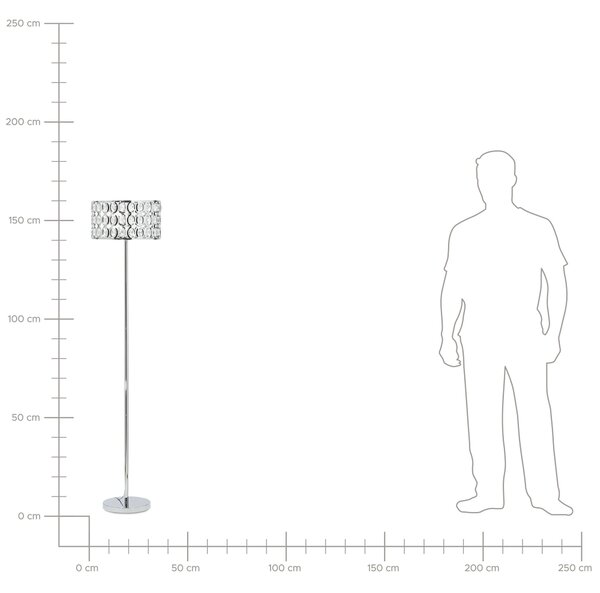 Stojaca lampa strieborná výška 160 cm otvorené okrúhle tienidlo s akrylovými kryštálikmi elegantný dizajn