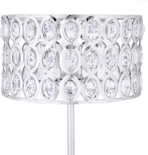 Stojaca lampa strieborná výška 160 cm otvorené okrúhle tienidlo s akrylovými kryštálikmi elegantný dizajn