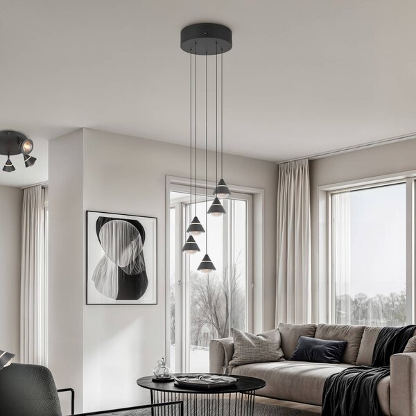 LED závesné svietidlo Romeo, Ø 28 cm, čierna, kov, 5-pl., Čierna, Obývacia izba / jedáleň, kov, Moderný, Závesné svietidlo
