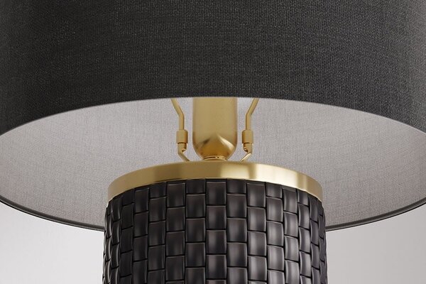 Estila Moderná čierna stolná lampa Draconia so zlatými kovovými detailmi a keramickou podstavou s pleteným dizajnom 70 cm