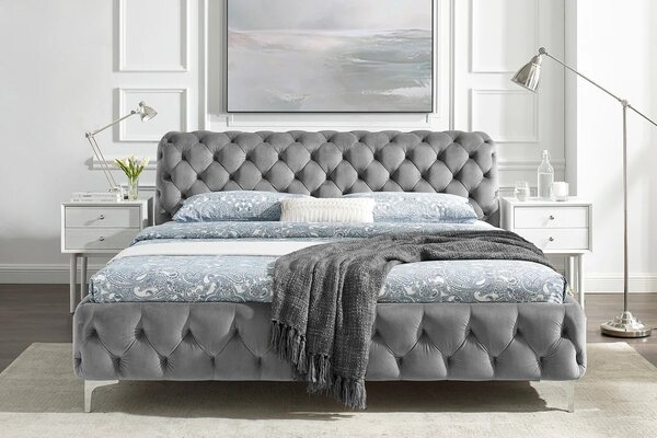 Estila Moderná chesterfield manželská posteľ Modern Barock so sivým zamatovým poťahom a diamantovým prešívaním 190 cm