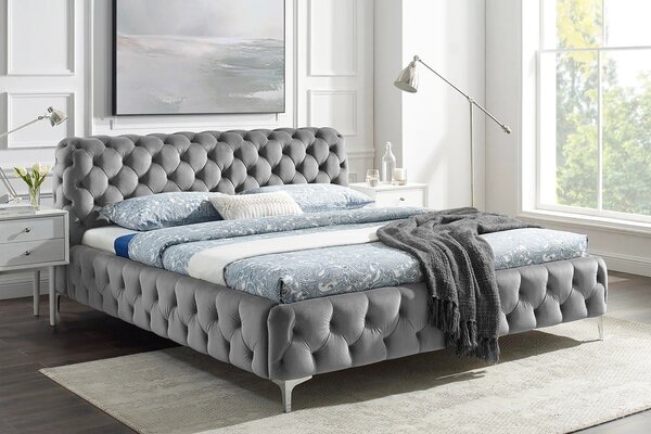 Estila Moderná chesterfield manželská posteľ Modern Barock so sivým zamatovým poťahom a diamantovým prešívaním 190 cm