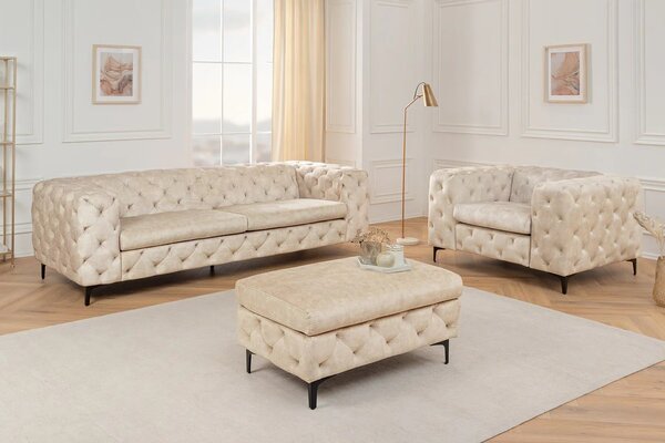 Estila Moderné dizajnové kreslo Limonny s chesterfield prešívaním a zamatovým poťahom v šampanskej béžovej farbe 120 cm