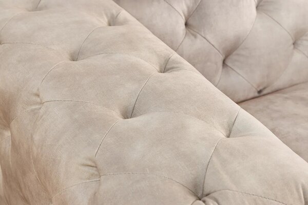 Estila Moderné dizajnové kreslo Limonny s chesterfield prešívaním a zamatovým poťahom v šampanskej béžovej farbe 120 cm