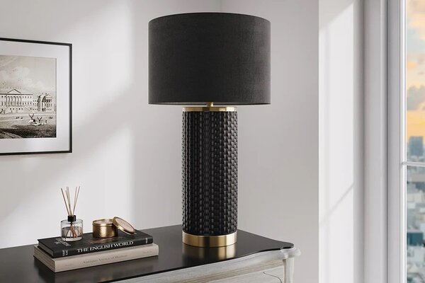 Estila Moderná čierna stolná lampa Draconia so zlatými kovovými detailmi a keramickou podstavou s pleteným dizajnom 70 cm