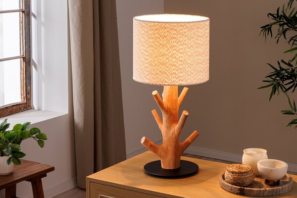 Estila Vidiecka stolná lampa Garcinia s hnedou masívnou nohou s dizajnom konárov a bielym buklé tienidlom 58 cm