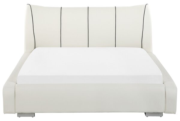 Posteľ biela kožená čalúnenie 140 x 200 cm LED osvetlenie s roštom prešívané čelo moderný štýl spálňa