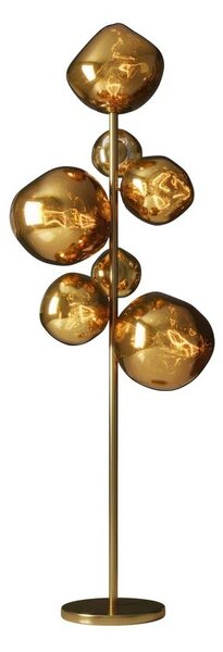 Estila Glamour zlatá stojaca lampa Kalan so siedmimi sklenenými tienidlami v tvare kvapiek na kovovej podstave 170 cm