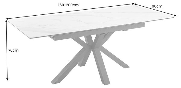 Estila Moderný dizajnový rozkladací jedálenský stôl Marbleux s doskou s dizajnom bieleho mramoru a čiernymi prekríženými nohami 200 cm