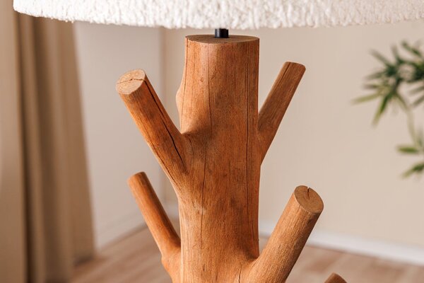Estila Vidiecka stolná lampa Garcinia s hnedou masívnou nohou s dizajnom konárov a bielym buklé tienidlom 58 cm