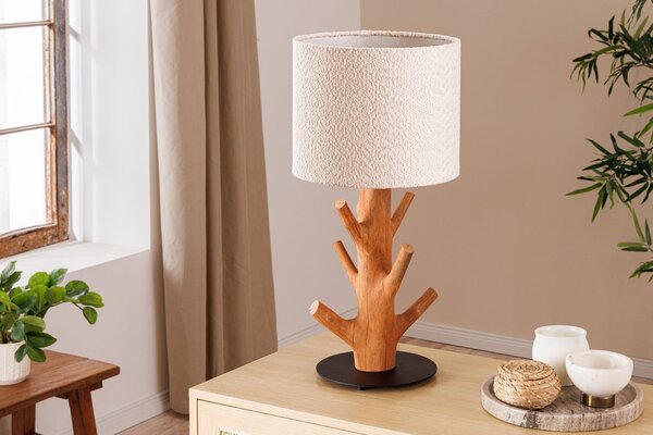 Estila Vidiecka stolná lampa Garcinia s hnedou masívnou nohou s dizajnom konárov a bielym buklé tienidlom 58 cm