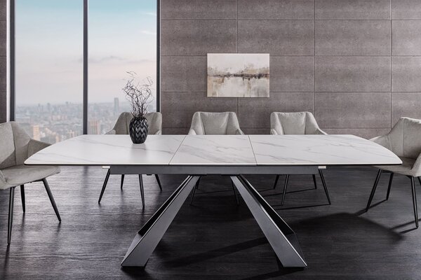 Estila Luxusný rozkladací industriálny mramorový biely jedálenský stôl Marbleux s čiernymi kovovými nohami a oblými rohmi 230 cm