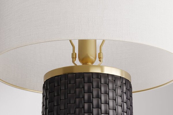 Estila Dizajnová art deco stolná lampa Draconia s čiernou reliéfnou keramickou nohou a bielym tienidlom so zlatým akcentom 70 cm