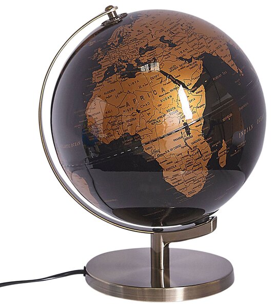 Glóbus čierna medená syntetický materiál kov 23 cm s LED osvetlením mapa sveta detská izba kancelária moderný štýl dekorácie