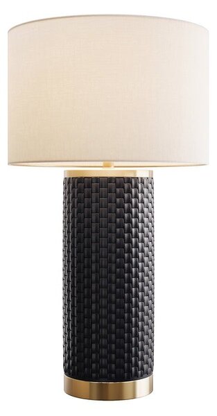Estila Dizajnová art deco stolná lampa Draconia s čiernou reliéfnou keramickou nohou a bielym tienidlom so zlatým akcentom 70 cm