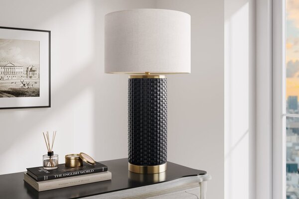 Estila Dizajnová art deco stolná lampa Draconia s čiernou reliéfnou keramickou nohou a bielym tienidlom so zlatým akcentom 70 cm